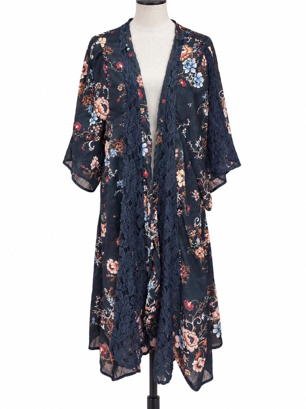 American Eagle Women’s M Navy Floral Lace Kimono Duster Boho Cover Up